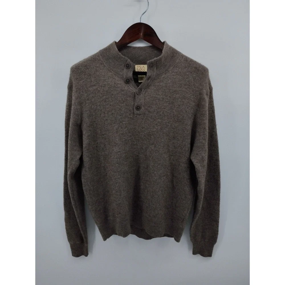 Jos A Bank Sweater Henley Brown Wool Blend Lightweight Waffle Knit Retro Mens L